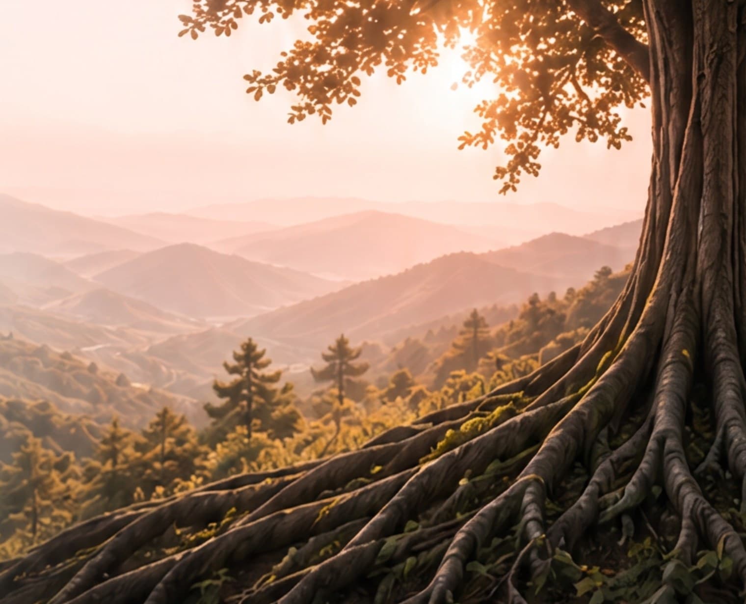 An ancient tree with deep roots overlooking a golden mountain valley at sunrise