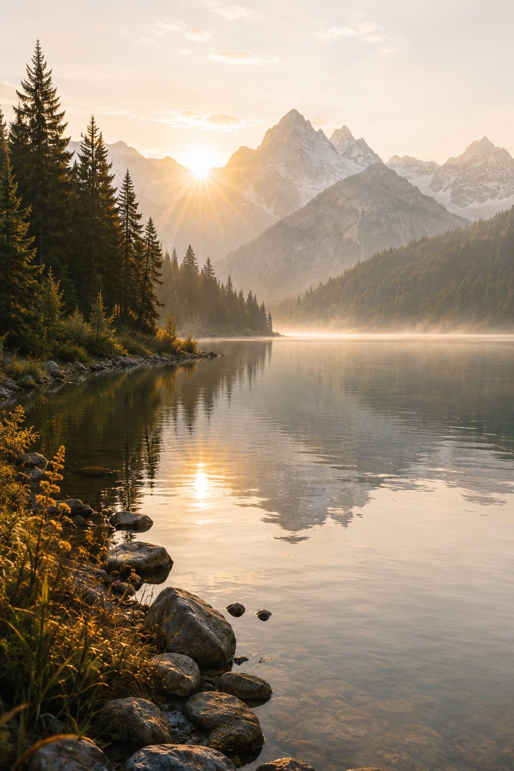 A calm lake beneath mountains at sunrise
