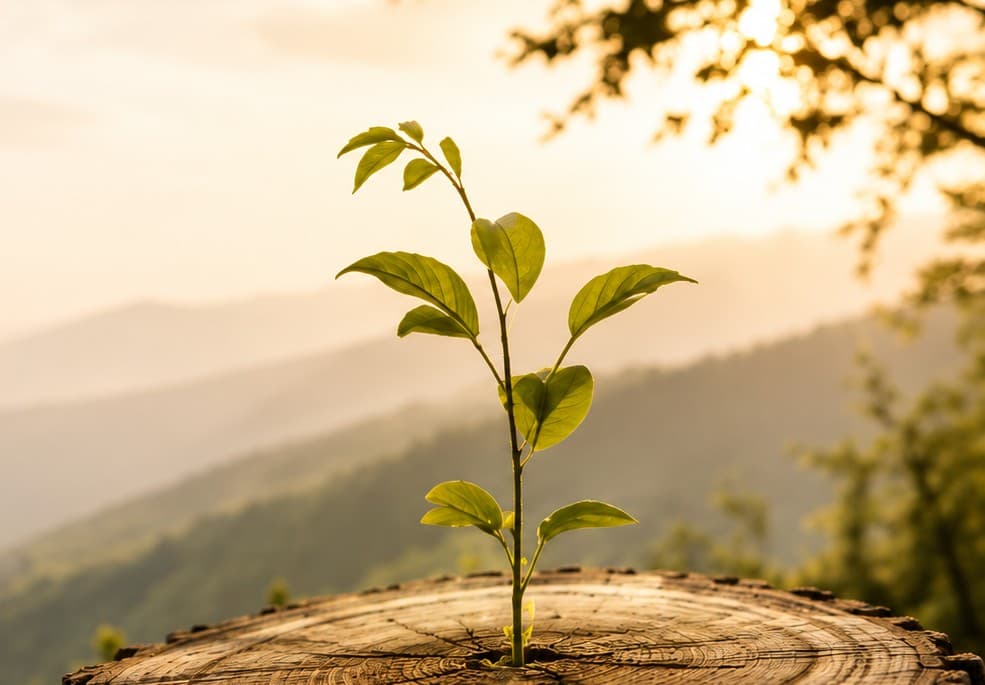 A young sapling growing from a tree stump at sunrise